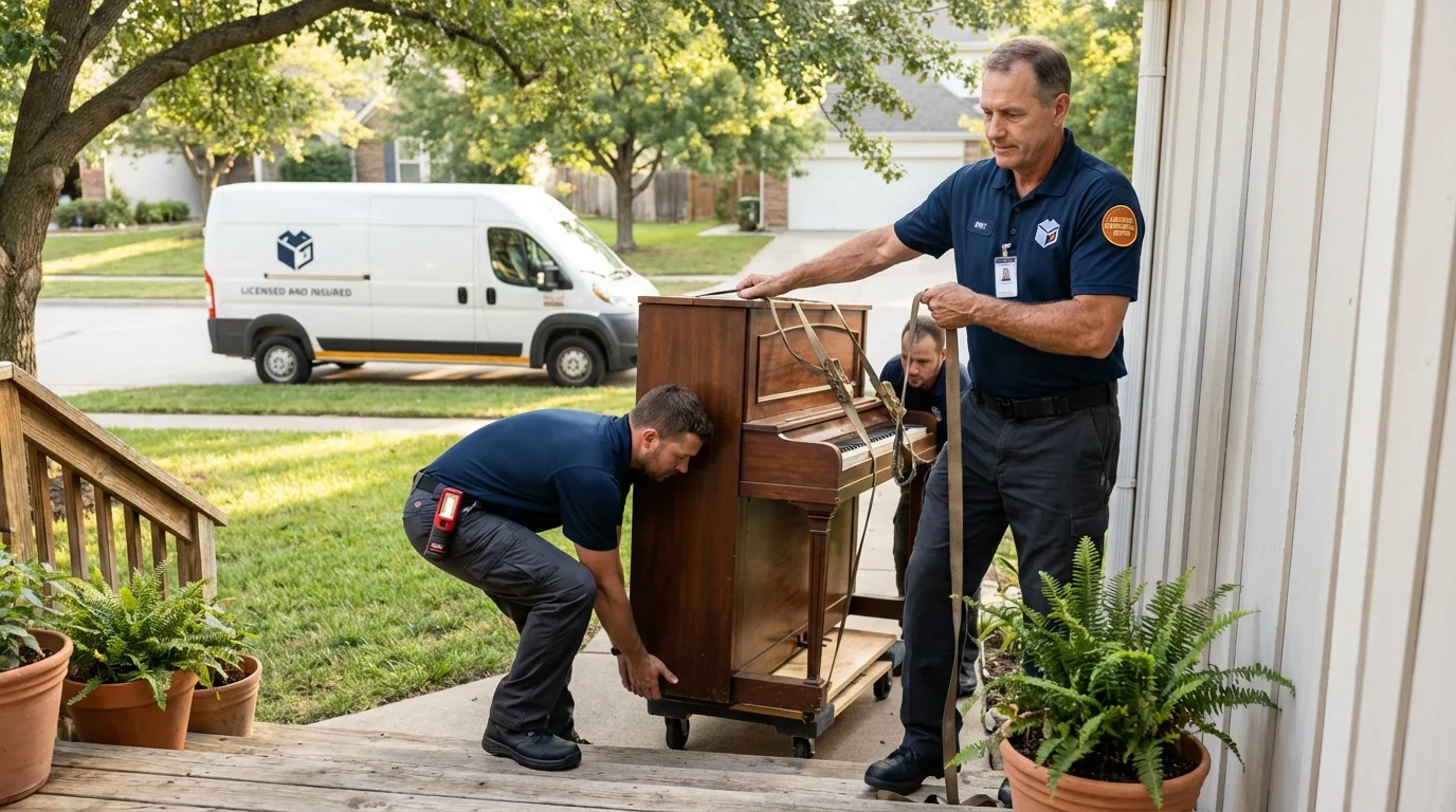 Licensed piano movers securing grand piano in Collinsville, IL