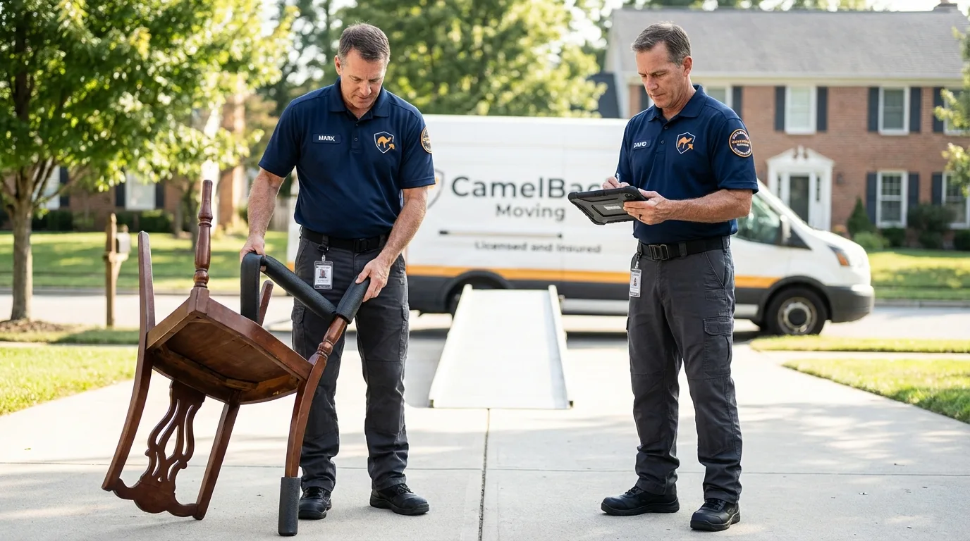 Movers inspecting furniture for damage prevention before loading in Collinsville, IL