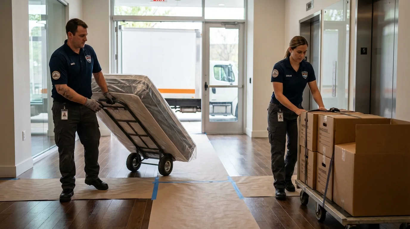 Professional apartment movers loading elevator in Collinsville, IL